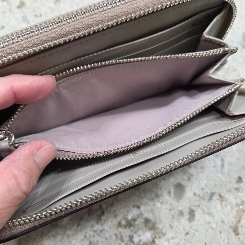 Coach Double Zip Wristlet Wallet‎ Beige Leather New York Signature